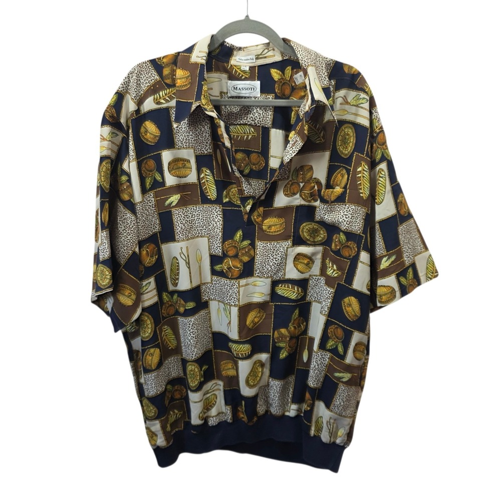 Massoti Italy Mens 2XL Tall Silk Shirt Geometric Baroque Casual Camp Print Blue